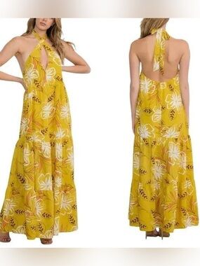 Brand new never worn: Tropical Print Yellow Floral Halter Maxi Dress